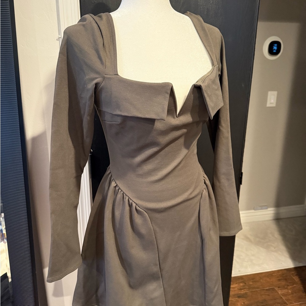 Fashion Nova Olive Square-Neck Long Sleeve Fit & Flare Dress
